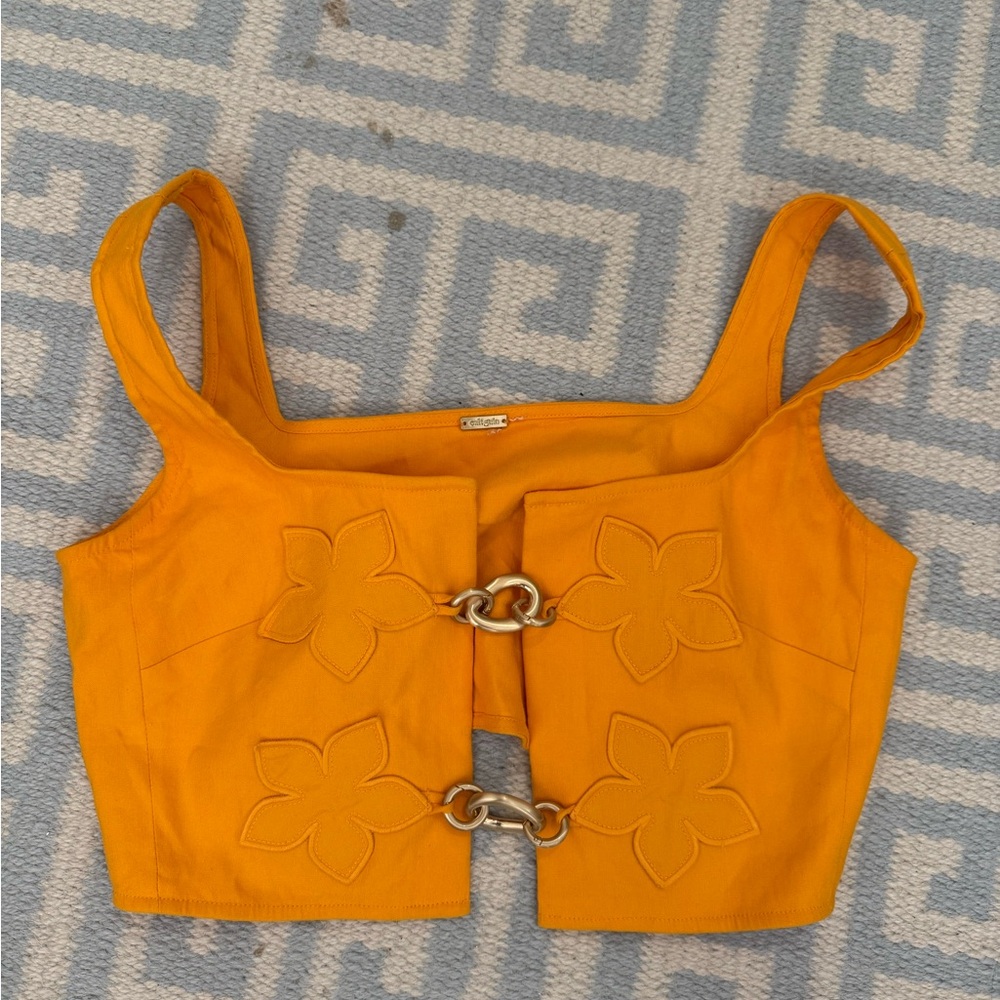 Cult Gaia Orange Floral Chain Detail Crop Top